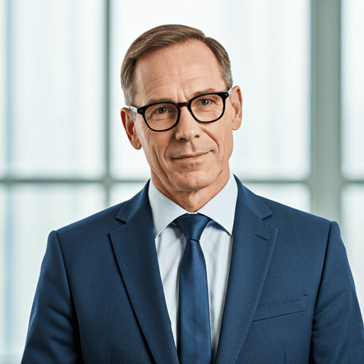 Mature male professional with glasses in a light office setting with a kind but authoritative expression