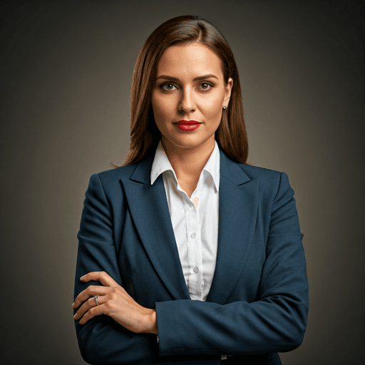 Professional woman with poised demeanor in elegant corporate attire looking directly into camera