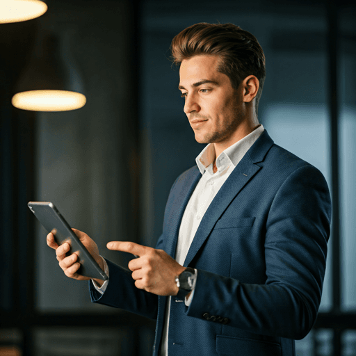 Young professional in a modern office looking at a global map on a tablet with confident expression