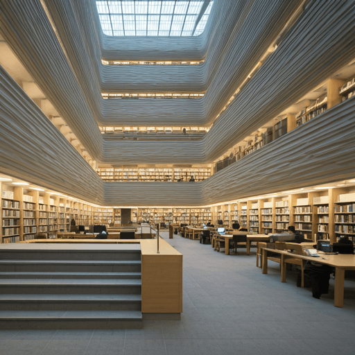 Modern university library with clean architectural lines and students studying in a focused high-end environment